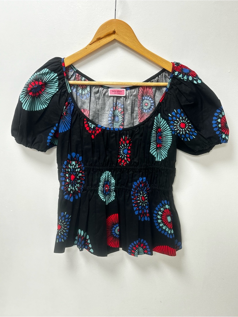 Kate Spade New York Firework Floral Riviera Top‎ Black Puff Sleeve Blouse Size S